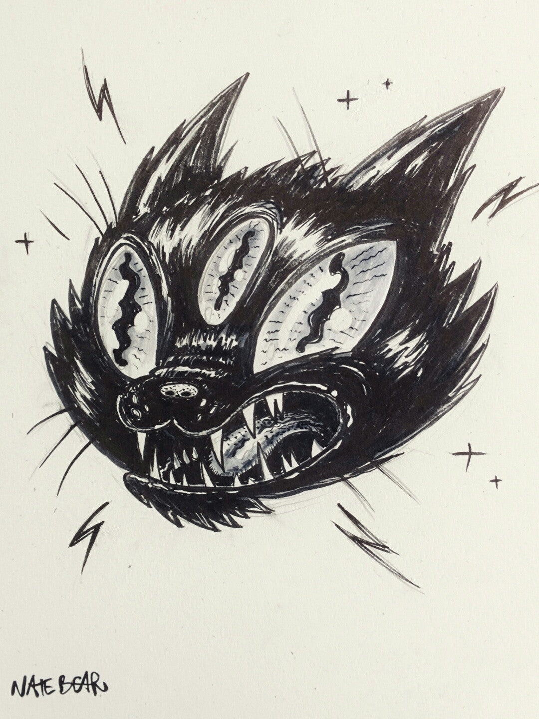 Black Cat Tattoo Flash Ink Drawing - Reproduction Art Print