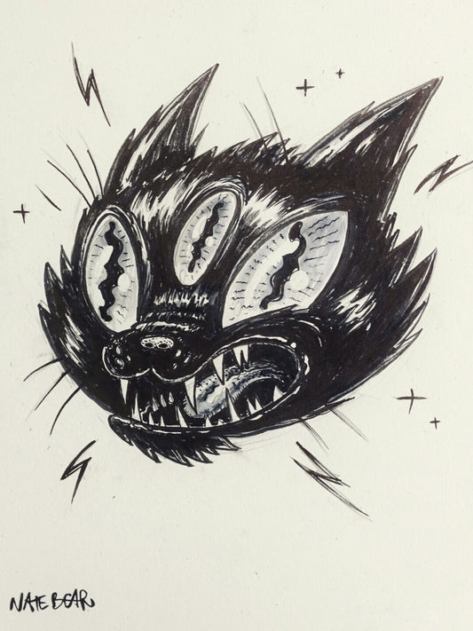 Black Cat Tattoo Flash Ink Drawing - Reproduction Art Print