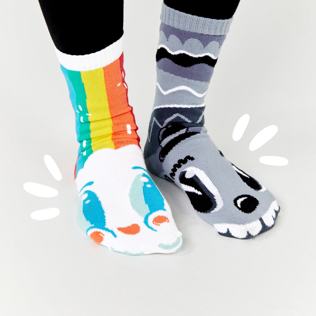 Rainbowface & Mr. Gray – Adult Mismatched Pals Socks x Nate Bear | Color vs Neutral Artist Series