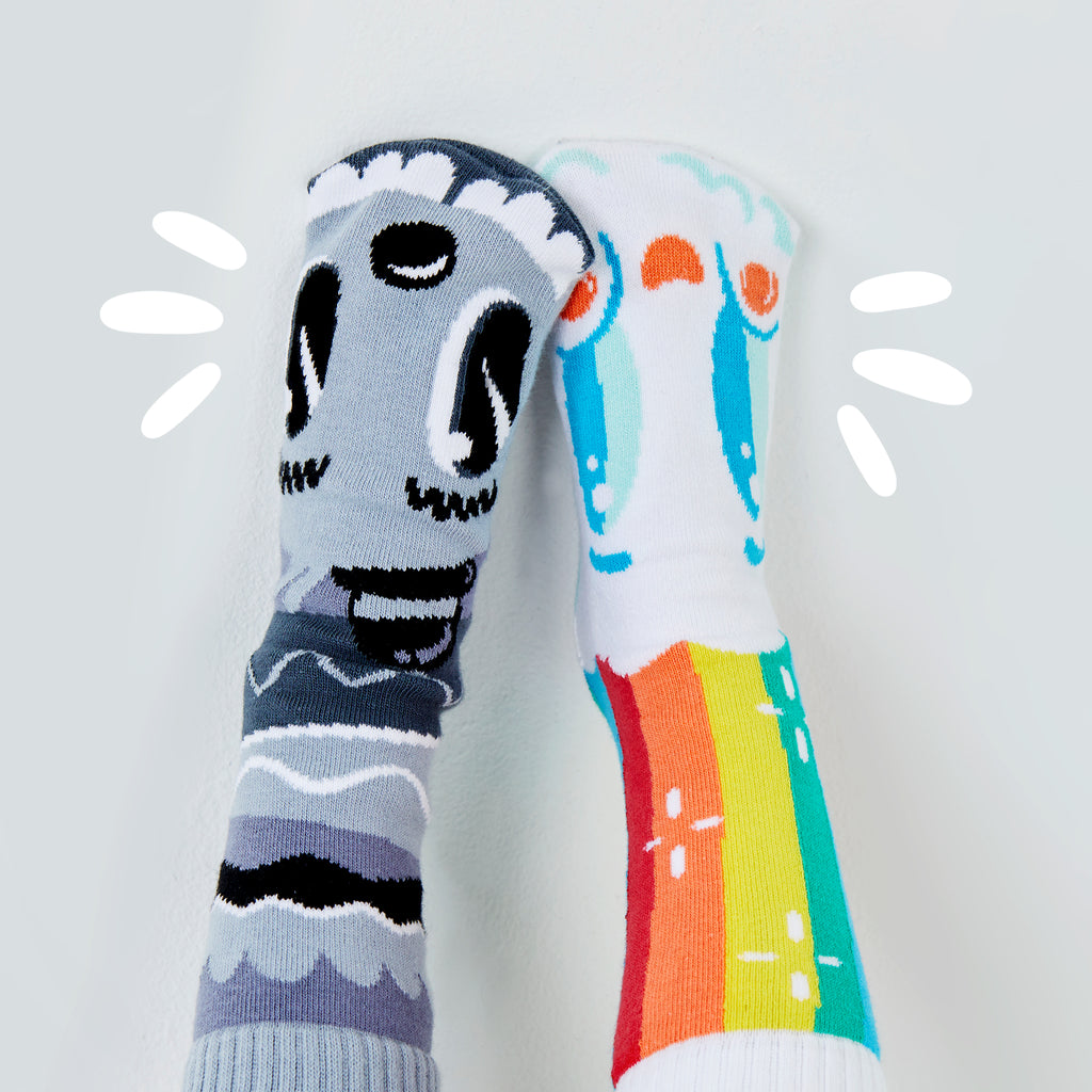 Rainbowface & Mr. Gray – Adult Mismatched Pals Socks x Nate Bear | Color vs Neutral Artist Series