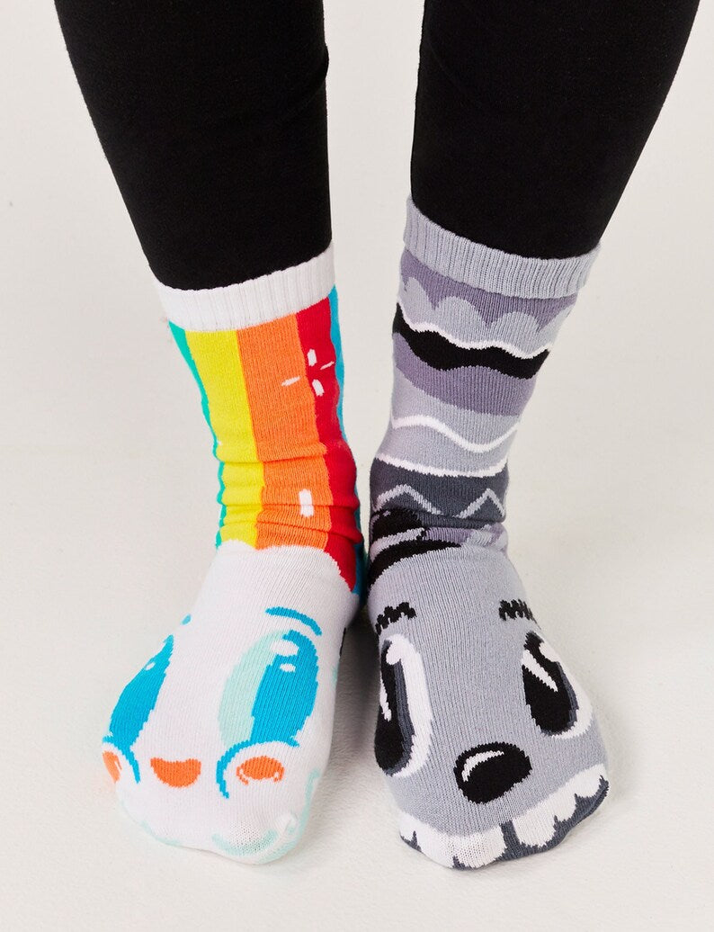 Rainbowface & Mr. Gray – Adult Mismatched Pals Socks x Nate Bear | Color vs Neutral Artist Series