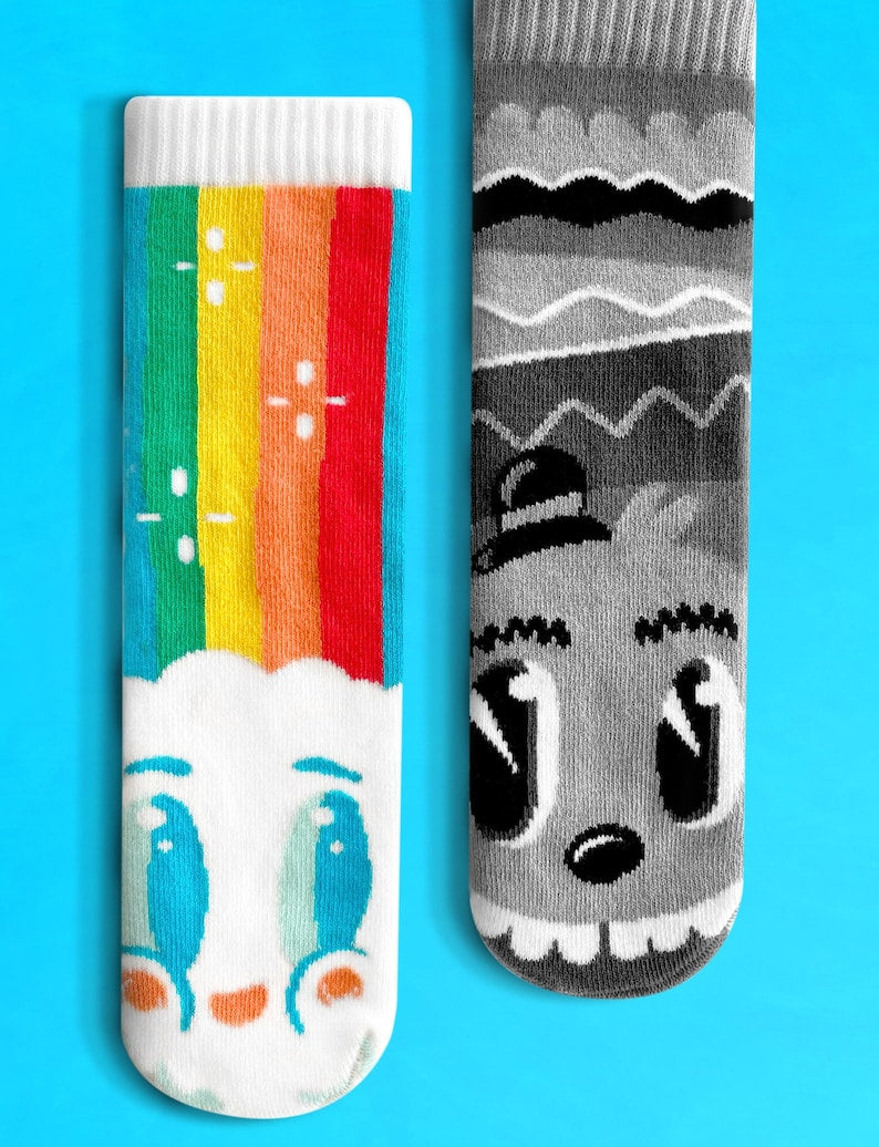 Rainbowface & Mr. Gray – Adult Mismatched Pals Socks x Nate Bear | Color vs Neutral Artist Series