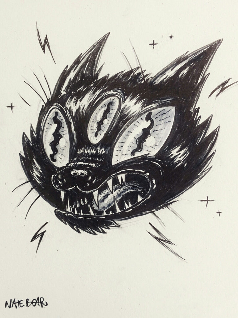 Black Cat Tattoo Flash Ink Drawing - Reproduction Art Print